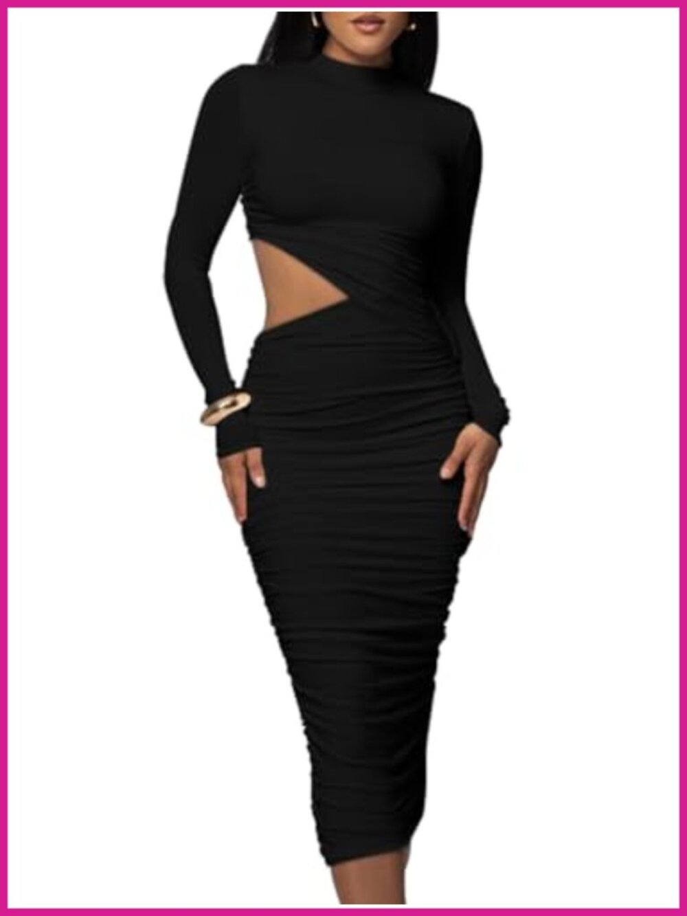 Women Long Sleeve Mock Neck Ruched Midi Dress